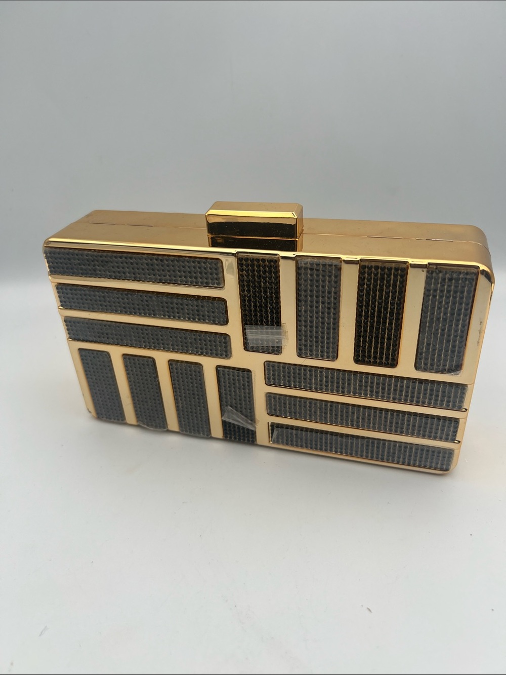Gold and Black Geo-Pattern Minaudière Clutch for Women